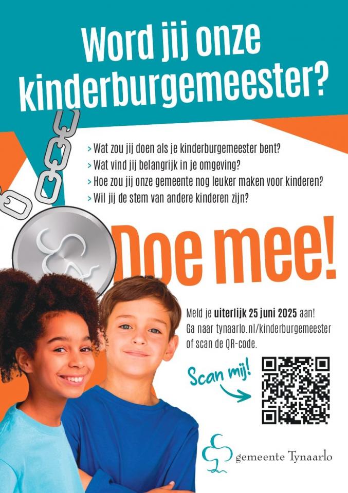 Een flyer waarop staat hoe kinderen zich kunnen aanmelden om kinderburgemeester te worden.