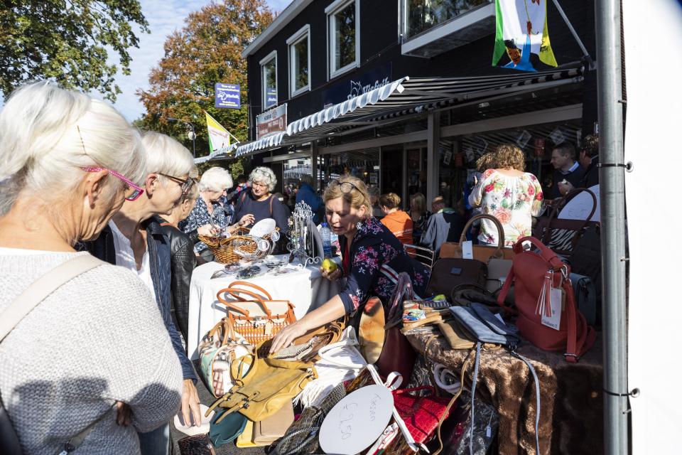 Bezoekers Zuidlaardermarkt kijken naar spullen in een kraam