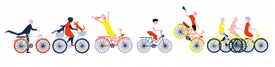 tekening van fietsende senioren