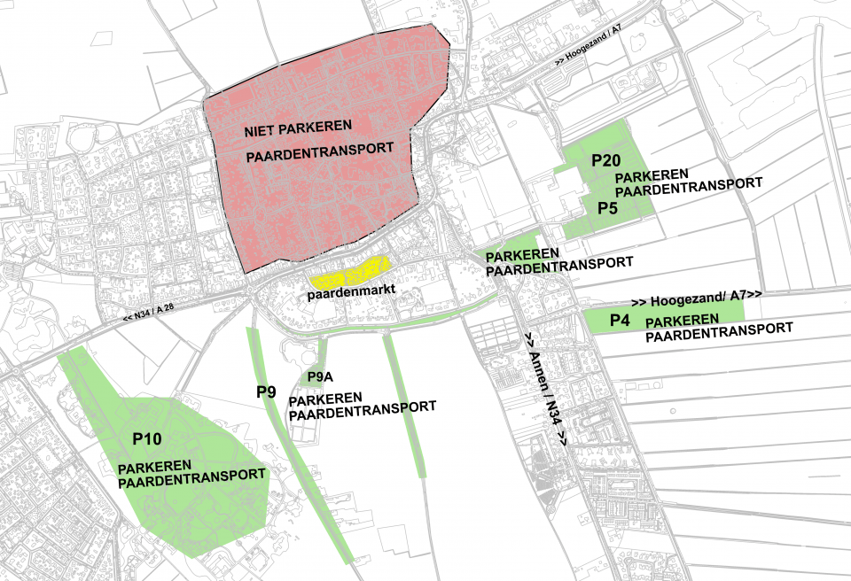 Plattegrond parkeren en niet parkeren. Noorderlijk van de paardenmarkt niet parkeren. Oostelijk parkeren bij Prins Bernard Hoeve en bij de Albert Heijn Zuidlaren. Ook parkeren richting de weg naar Hoogezand A7 (P4). Zuidelijk parkeren bij zwembad Aqualaren. Westelijk parkeren in Westlaren.