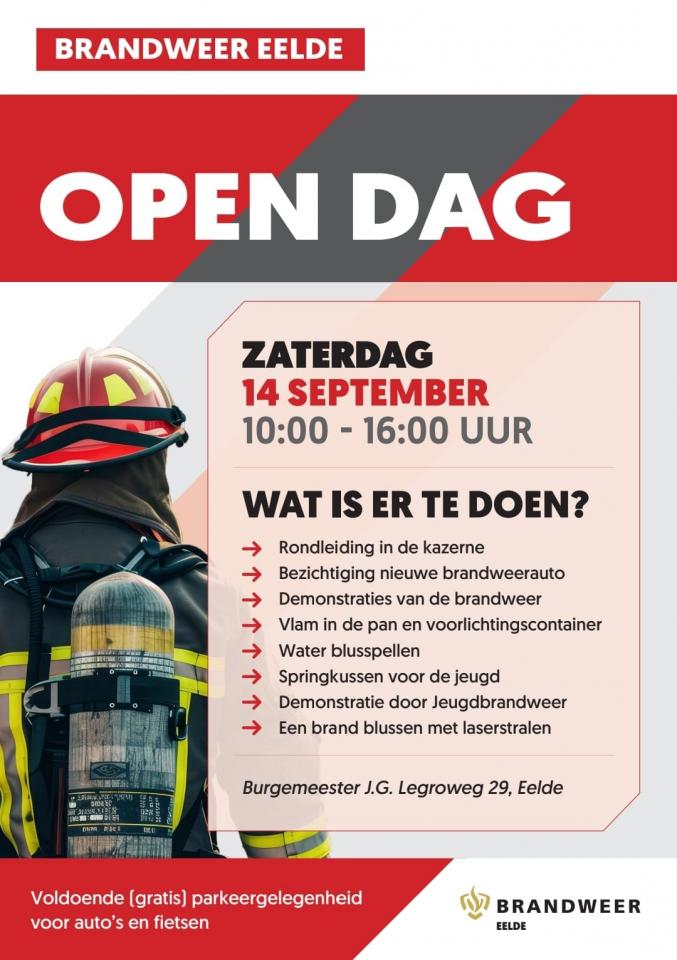 Een flyer over de open dag bij de brandweer in Eelde, met een overzicht van de activiteiten.