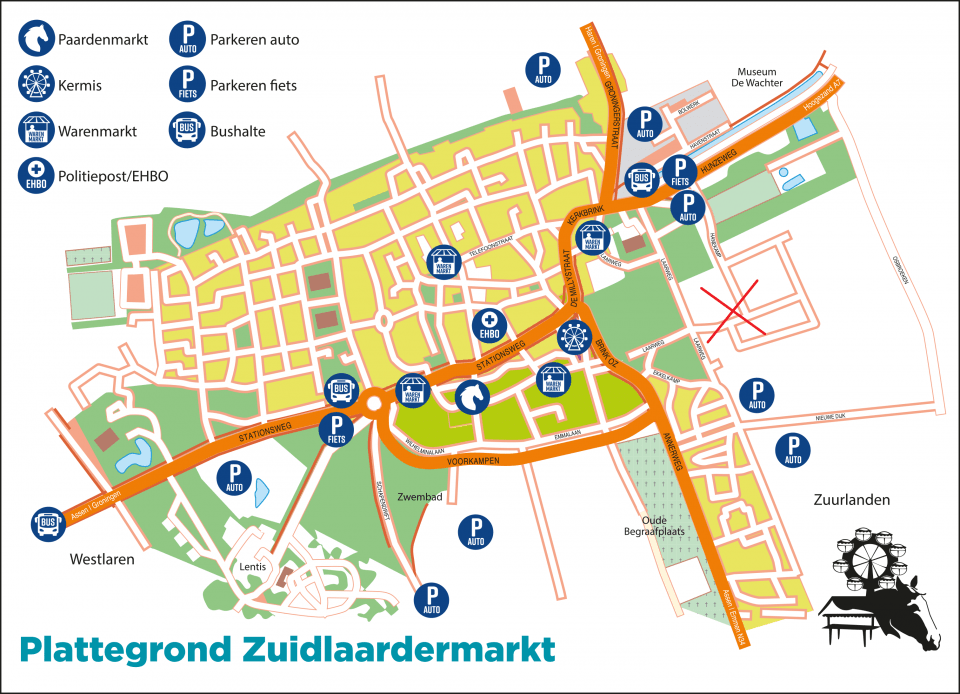 Plattegrond Zuidlaardermarkt met aangegeven parkeerlocaties