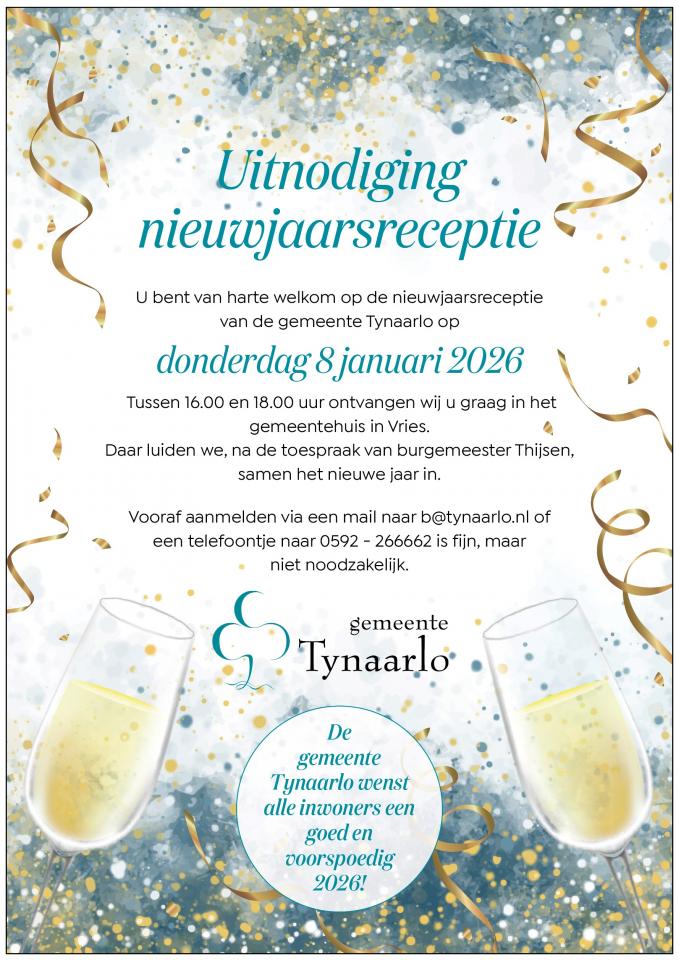 Een uitnodiging voor de nieuwjaarsreceptie op 8 januari met daarop champagneglazen en slingers