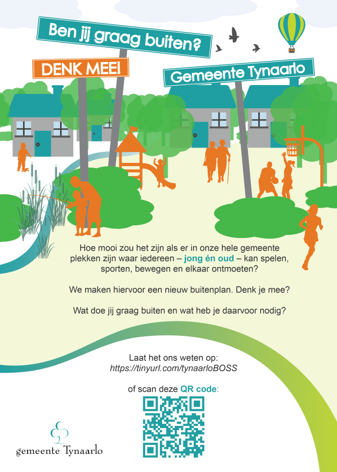 Een flyer met daarop mensen die wandelen, spelen en sporten. En de vraag wat inwoners belangrijk vinden voor een buiten-plan.