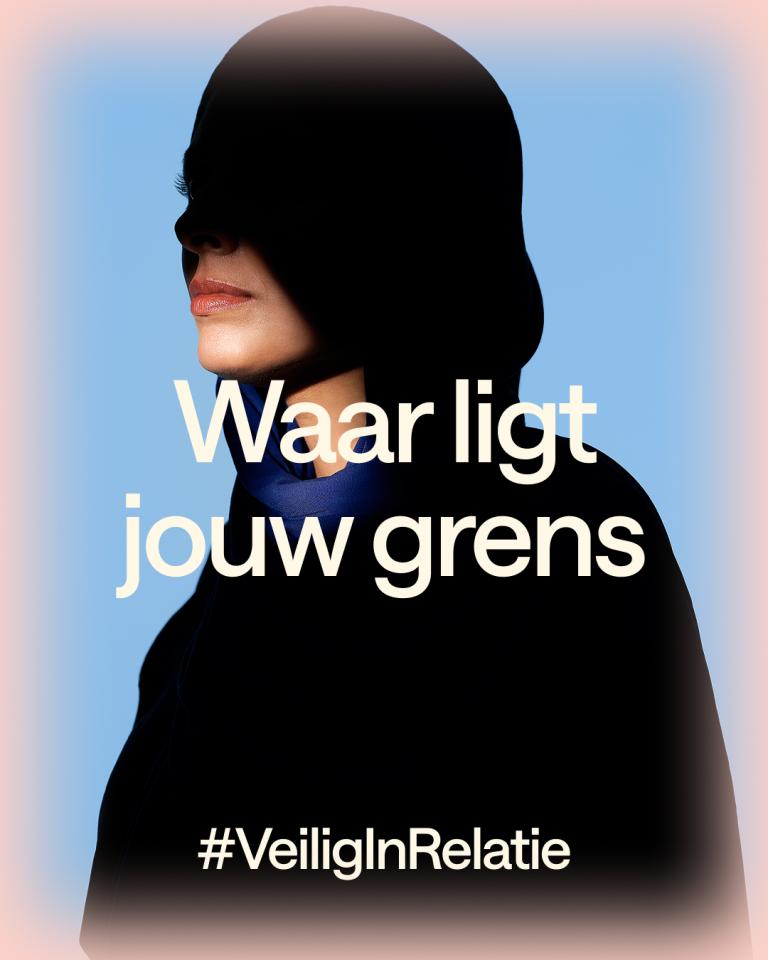 Vrouw in de schaduw met tekst waar ligt jouw grens