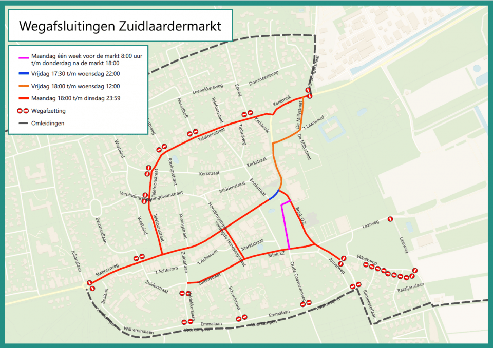 Plattegrond met wegafsluitingen Zuidlaardermarkt